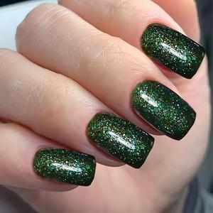 24 Pcs Square Press on Nails Short Fake Nails Glitter Green RIICFDD False Nails with Solid Color Designs Artificial Acrylic Nails Full Cover Sparkly Glue on Nails for Women and Girls Nail Decoration, Set of 5