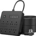 6 FT Flat Plug Surge Protector Power Strip,8 Multiple AC Outlets with 6 USB Ports (2 USB C), 6 Feet Extension Cord, 1250W/10A, One Touch Switch Button, 17 in 1 Compact powerstrip (Black)