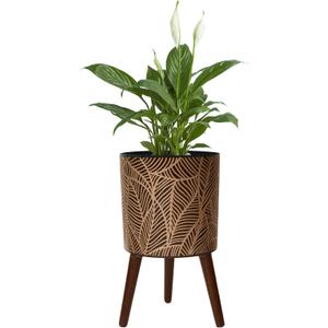 12inch Black Plant Pots for Indoor Plants Large Boho Flower Pot with Stand Modern Planters with Gold Floral Embossed Standing Planter with Drainage for Living Room, Office, Garden or Balcony