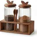 Coffee Bar Glass Canister Set 2 34 floz Airtight Glass Jars with Acacia Wood Lids, 2 Acacia Wood Spoons & Acacia Organizer Tray