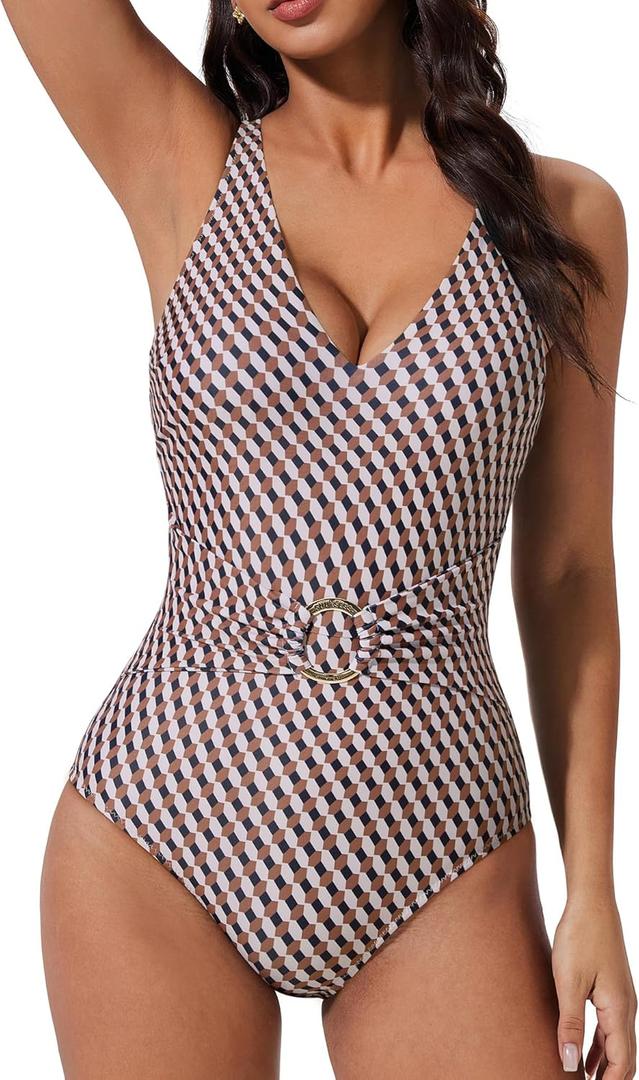 SUUKSESS Women Retro One Piece Swimsuit Metal Tummy Control V Neck Bathing Suit (Large, 167 Brown Black Color Block)