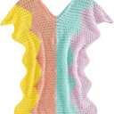 WDIRARA Girl's Crochet Cover Up Color Block Short Sleeve V Neck Beach Swimsuit Coverups, 8Y