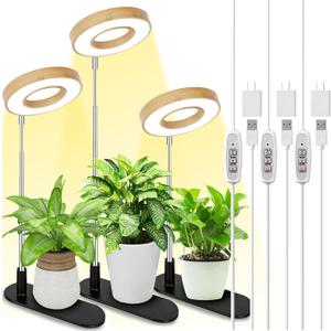 LORDEM Bamboo Base Desktop Grow Light, LED Plant Lamp with Full Spectrum, 4 Adjustable Brightness Levels, 4H/8H/12H Auto Timer for Indoor Plants Growing, Height Adjustable 7.8"-26", 3 Pack