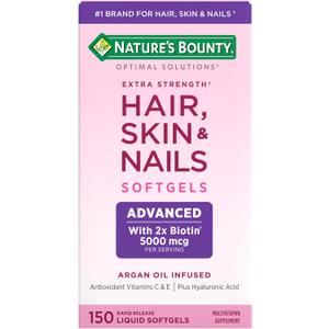 Nature's Bounty Advanced Hair, Skin & Nails, Argan-Infused Vitamin Supplement with Biotin and Hyaluronic Acid, 150 Rapid Release Softgels, 50 Total Servings (EXP 12/01/26)