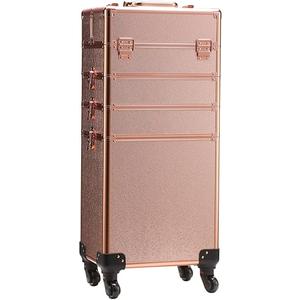 Rolling Train Case 5-in-1 Portable Makeup Train Case Professional Cosmetic Organizer Makeup Traveling case Trolley Cart Trunk (Rose Gold)