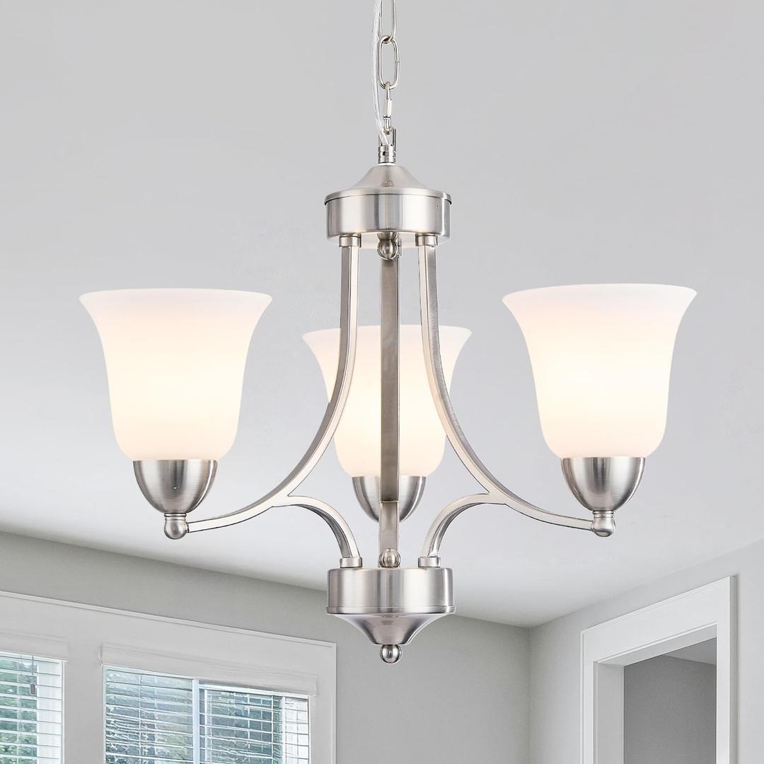 3-Lights Farmhouse Chandelier Brushed Nickel Modern Dining Room Light Fixture Silver Adjustable Ceiling Hanging Pendent Lighting with Frosted Glass for Kitchen Island, Living Room, Foyer