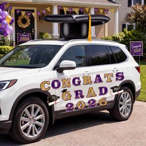 Xuhal 2026 Graduation Car Decoration 23'' Large Inflatable Grad Cap Car Decor Congrats Grad Letter 2026 PVC Inflatable Cap for Senior High School Collage Graduation Parade Party Decor(Purple, Gold)
