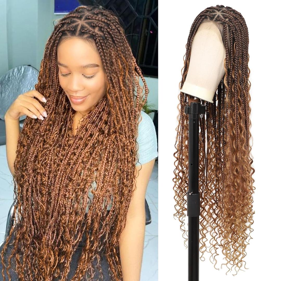 Boho knotless Braided Wigs for Women Boho Braid Wig Full Double Lace Front Bohemian Box Braid Wig with Baby Hair Premium Synthetic Braided Lace Front Wig 36" Mix Brown and Light Brown