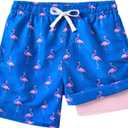 westwolf Boys Swim Trunks with Compression Liner Toddler Boys Swim Shorts Boxer Brief Board Shorts Swimming Set 5-18T (5-6 Years, B1-flamingo)