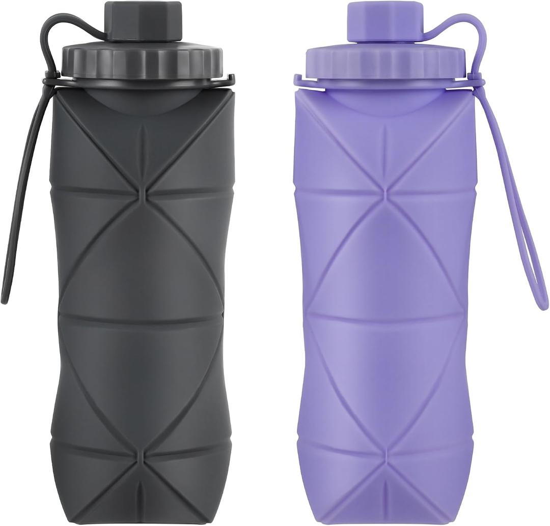 Silicone Collapsible Water Bottles,Lightweight Reusable Leakproof For Traveling Camping Hiking Cycling Sports Outdoor,Foldable Portable Travel Water Bottle 600ML Dark Grey And Purple 2Pack.