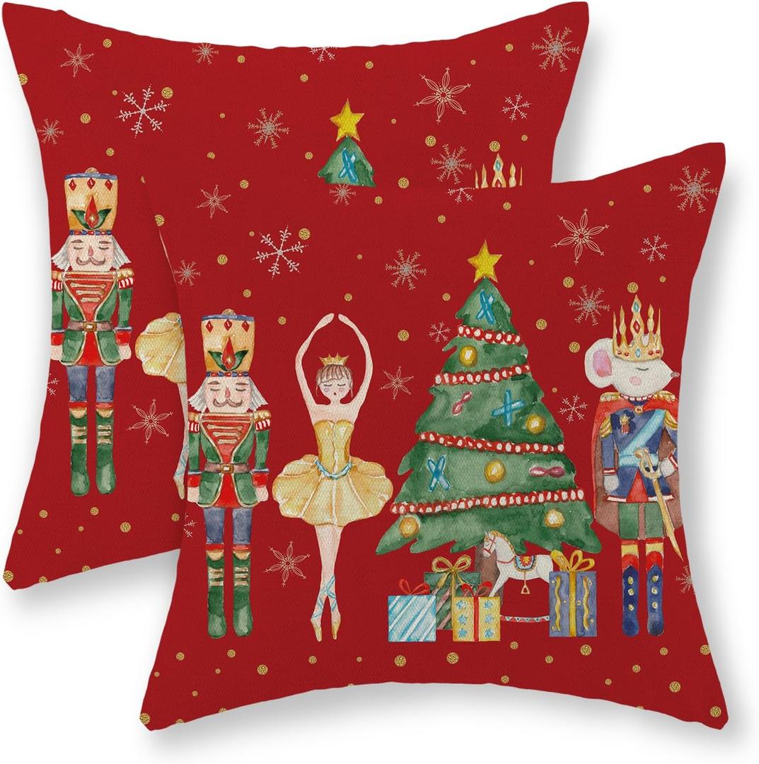 GOLIANDA Christmas Pillow Covers 18x18 Set of 2 Christmas Decorations Nutcracker Pillowcase Green Tree Decor Red Throw Pillows Farmhouse Winter Holiday Decor Outdoor Cushion Covers for Couch Home