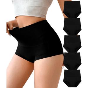 Annenmy Cotton High Waisted Underwear for Postpartum Boy Shorts Women Tummy Control Brief Cotton Panties 5 Pack (Medium)