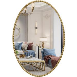 Gold Oval Bathroom Mirror, 26x38 Inch Floral Oval Mirrors for Wall, Antique Gold Metal Floral Frame Mirrors for Bedroom Living Room Hallway, Hangs Horizontally or Vertically