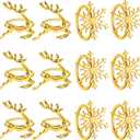 Gold Christmas Napkin Rings Set of 12, Reindeer and Snowflake Napkin Holders for Thanksgiving and Christmas Banquets, Daily Receptions