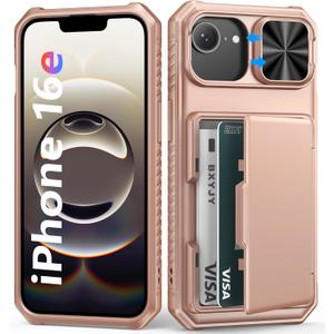 for iPhone 16e Phone Case Wallet, Built-in Card Holder (4-5 Cards), RFID Block, Slide Camera Cover, Military Grade Protection, Rugged Women Girly Men Protective Case for iPhone16 E, Rose Gold