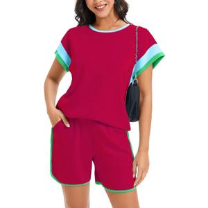 Women Shorts Sets 2-Piece Outfits Summer Casual Short Sleeve Beach Cruise Wear Lightweight Loungewear (Pink, S)