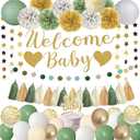 Sage Green Baby Shower Decorations,Welcome Baby Banner,Oh Baby Cake Topper,Paper Lanterns,Balloon,Pom Poms Flowers Tassels,Circle Dots Star Garland Gender Neutral Birthday Party Decor