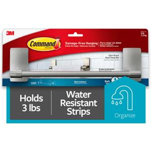 Command Hand Towel Bar Satin Nickel with 4 Water Resistant Command Strips, 9" Hand Towel Holder, Holds up to 3 lb, Great for Bathroom Dcor on the Wall, Inside the Cabinet, or in the Shower
