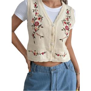 WDIRARA Women's Floral Embroidered Button Front V Neck Sleeveless Knit Sweater Vest (Medium, Multicolor)