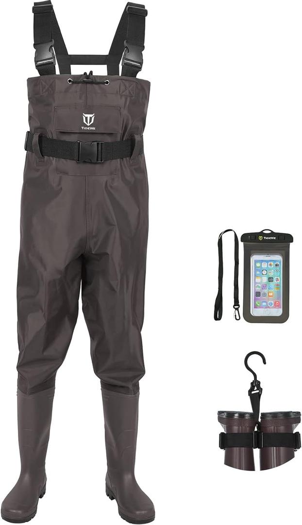 TIDEWE Bootfoot Chest Wader, 2-Ply Nylon/ PVC Waterproof Fishing & Hunting Waders with Boot Hanger for Men and Women Brown Size 7