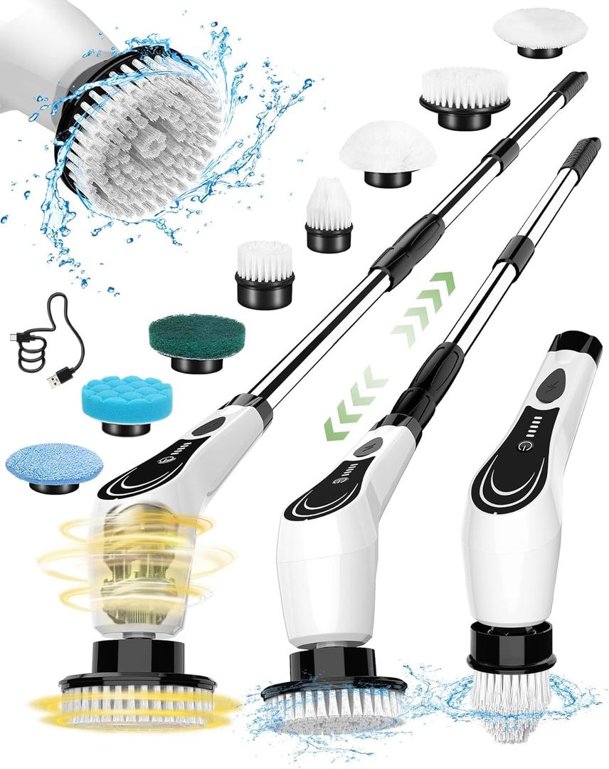 Electric Spin Scrubber, Cordless Cleaning Brush, Shower Scrubber with 8 Brush Heads, Power Scrubber Dual Speeds with Adjustable Extension Handle, IPX7 Waterproof for Bathtub Floor Tile Car-B (White-a)