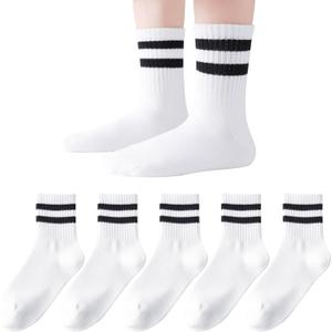 Kids Socks Boys Girls Crew Socks Seamless Cotton Ankle Athletic Socks with Retro Stripes 3/5 Pairs (White, S)