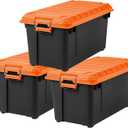 IRIS USA 21 Gallon Heavy-Duty Plastic Storage Bins, Store-It-All Container Totes with Durable Lid and Secure Latching Buckles, Garage and Metal Rack Organizing, Black/Orange, 3 Pack