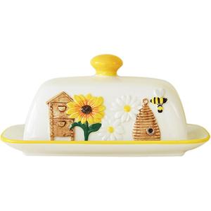 Butter Dish with Lid for Countertop, Sunflower Butter Keeper Holder, Ceramic Cute Butter Container Sunflower Decorative Butter Dish for Kitchen, Gifts for Mom Women (Sunflower)