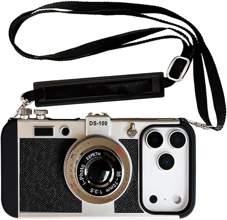 3D Vintage Camera Phone Case with Long Lanyard - Unique Cool Silicone PC Shockproof Crossbody Protective Case for iPhone 17 Pro Max- Black