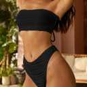 ZAFUL Women Strapless Textured Bandeau Bikini 2 Piece Swimwear Cheeky Solid Lace up Bathing Suits (Black, S)