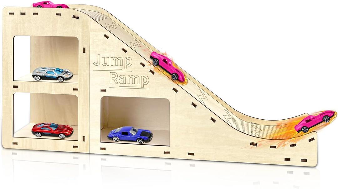 Wooden Toy Cars Jump Ramp, Toy Car Track Set for Hot Wheels, Race Cars Track for Hot Wheels and Diecast Cars, Wood Jump Ramp for Hotwheels, Playing Storage Display Race Set