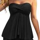 Women Strapless Tankini Swimsuits - 2 Piece Halter Bathing Suit Bandeau Flyaway Top with High Waist Swim Shorts, L