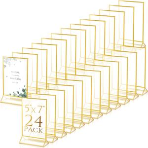 24 Pack Gold Frames Clear Acrylic Double Sided Frames Display Signs Holder Bulk with Stand 2 mm Gold Border for Table Numbers Wedding Restaurant Office Home Photo(5 x 7 Inch, Vertical)