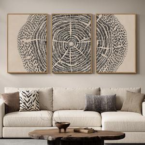 3 Piece Framed Neutral Tree Ring Wall Art for Living Room, Large Beige Black Abstract Canvas Artwork for Walls, Minimalist Prints Paintings for Bedroom Dining Room 24x36 Inch, 24"W x 36"Hx 3 Pcs