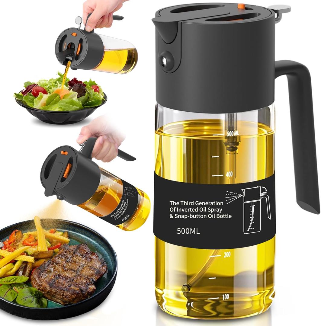 Oil Sprayer for Cooking, 2025 Large Advanced Olive Oil Dispenser Bottle,500ml/17oz Glass Olive Oil Sprayer,2 in 1 Even Spray with Portion Control for Kitchen, Air Fryer, Salad, BBQ - Black
