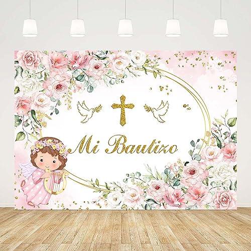 AIBIIN 7x5ft Pink Mi Bautizo Backdrop for Girls Baby Shower God Bless First Holy Communion Background Oval Mexican Baptism Party Flowers Decorations Banner Props