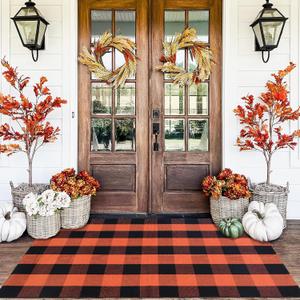 Orange and Black Plaid Rug, 3' x 5' Fall Outdoor Front Door Decor Mat, Cotton Washable Hand-Woven Rug for Layered Doormat, Autumn Halloween Thanksgiving Carpet for Porch, Entryway