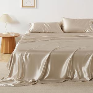 Bedsure Satin Sheets Queen Size - Similar to Silk Sheets, Silky Bedsheet, Luxury & Ultra Soft, Non-Fading & Wrinkle Free, Good for Hair & Skin, Gifts for Women, 4 Pieces, Khaki