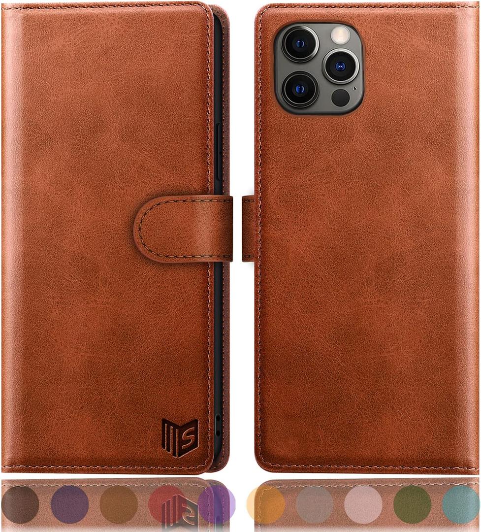 SUANPOT for iPhone 12/12 Pro 6.1" Leather Wallet Case with RFID Blocking, Card Holder, Shockproof Flip Cover, Light Brown
