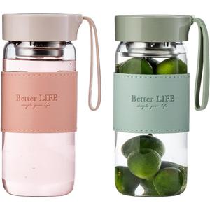 Glass Tea Bottle 16 oz Drinking Bottle with Non-Slip Holster, and Stainless Tea leak, Leak Proof Lid, Portable Glass Water Bottle for School, Office, Car, Home, as a gift, etc (Green+Pink)