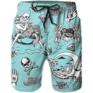 FREEHOTU Men's Swim Trunks Beach Board Shorts Quick Dry Swimwear Sports with Pockets (Medium, Bluemint Skull Mermaid Skeleton Teal)