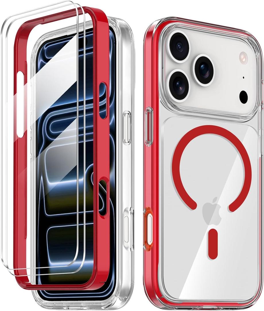 COOLQO for iPhone 17 Pro Max Case with Screen Protectors, Compatible with MagSafe, Military Grade Drop 17 FT Protection, Dual-Layer Classic Hybrid Magnetic Phone Case Cover Bumper, Red (17ProMax_6.9")