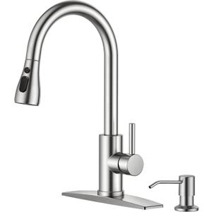 FORIOUS Kitchen Faucet with Soap Dispenser, Brushed Nickel, Single Handle Stainless Steel Transitional Sink Faucet with Pull Down Sprayer 1 or 3 Hole, Suitable for Farmhouse Laundry Camper RV Bar
