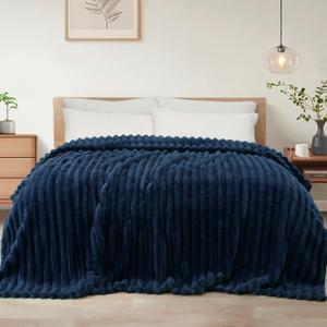 Exclusivo Mezcla Twin Size Flannel Fleece Blanket, Super Soft Striped Jacquard Bed Blanket, Lightweight Fuzzy Cozy for All Seasons, 60x80 Inches, Navy Blue