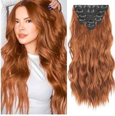 Fliace Clip in Hair Extensions, 6 PCS Natural & Soft Hair & Blends Well Hair Extensions, Medium Brown Long Wavy Hairpieces(20inch, 6pcs, Copper Red)