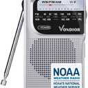 NOAA Weather Radio - Emergency NOAA/AM/FM Battery Operated Portable Radio with Best Reception and Longest Lasting Transistor. Powered by 2 AA Battery with Mono Headphone Socket, by Vondior (Silver)