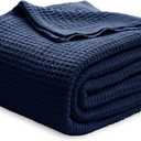 Bedsure 100% Cotton Blanket Queen Size for Bed - Breathable and Soft, Waffle Weave Blanket for Summer Spring, Pageant Blue, 90x90 Inches