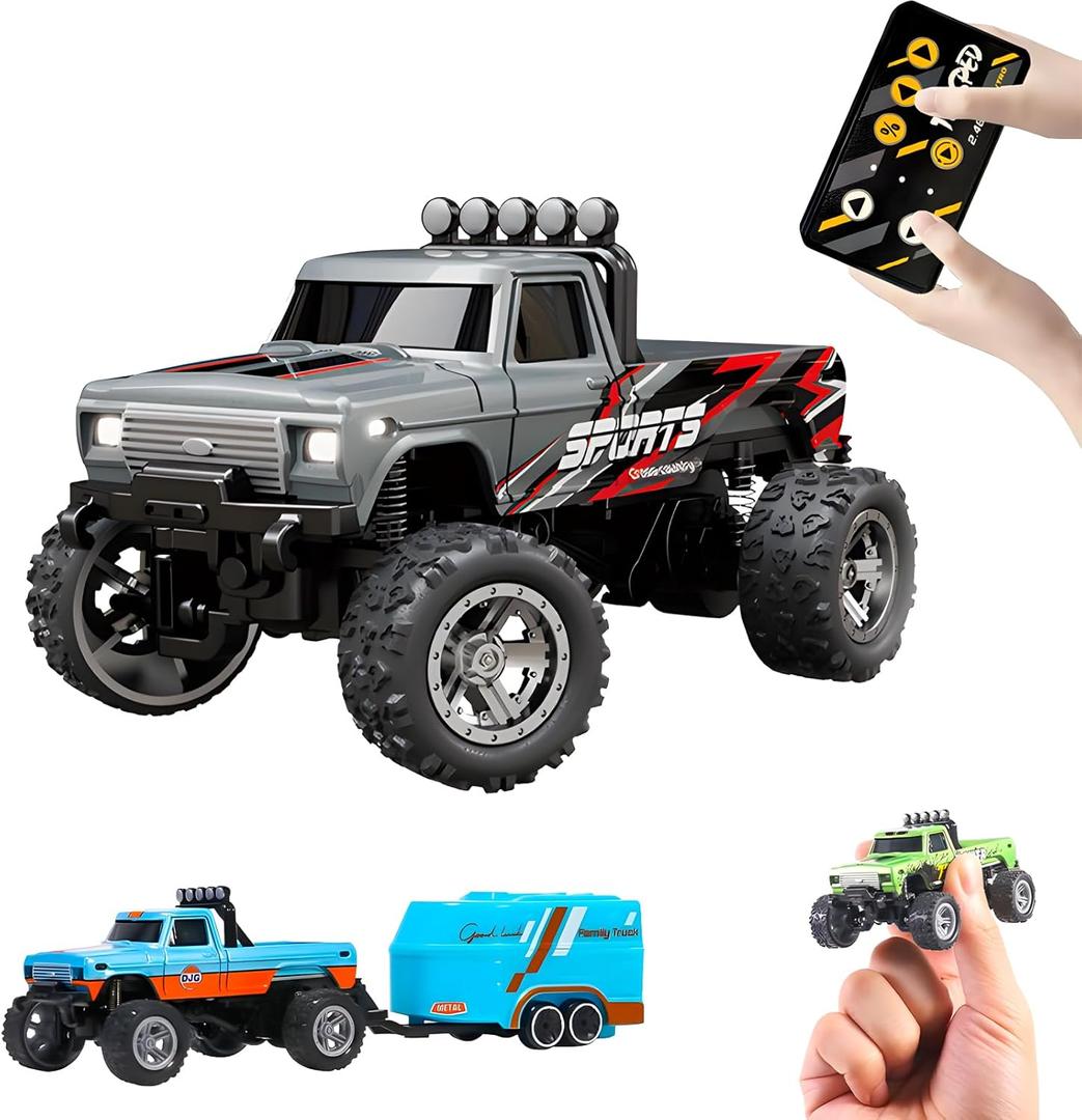 Mini Rc Truck, 1:64 Scale Monster Truck Remote Control Car with Lights, 2.4Ghz Remote Control, Mini Alloy Monster Truck Rc, Speed/Steering Adjustable (Grey)