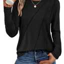 ATHMILE Womens Long Sleeve Shirts Pleated Crew Neck Casual Fall Fashion Ladie Tops Loose Fit Spring Clothes Beach Vacation Black, L