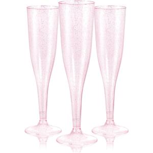 WDF 36 Pack Pink Glitter Plastic Champagne Flutes - 7OZ Disposable Pink Glasses Glitter Champagne Flutes Plastic for Party/Wedding/Birthday/Bridal Shower